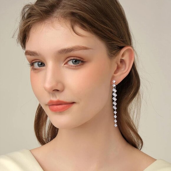 Sterling Silver Dangle Earrings Cubic Zirconia Long Drop Women Jewelry - Picture 2 of 6